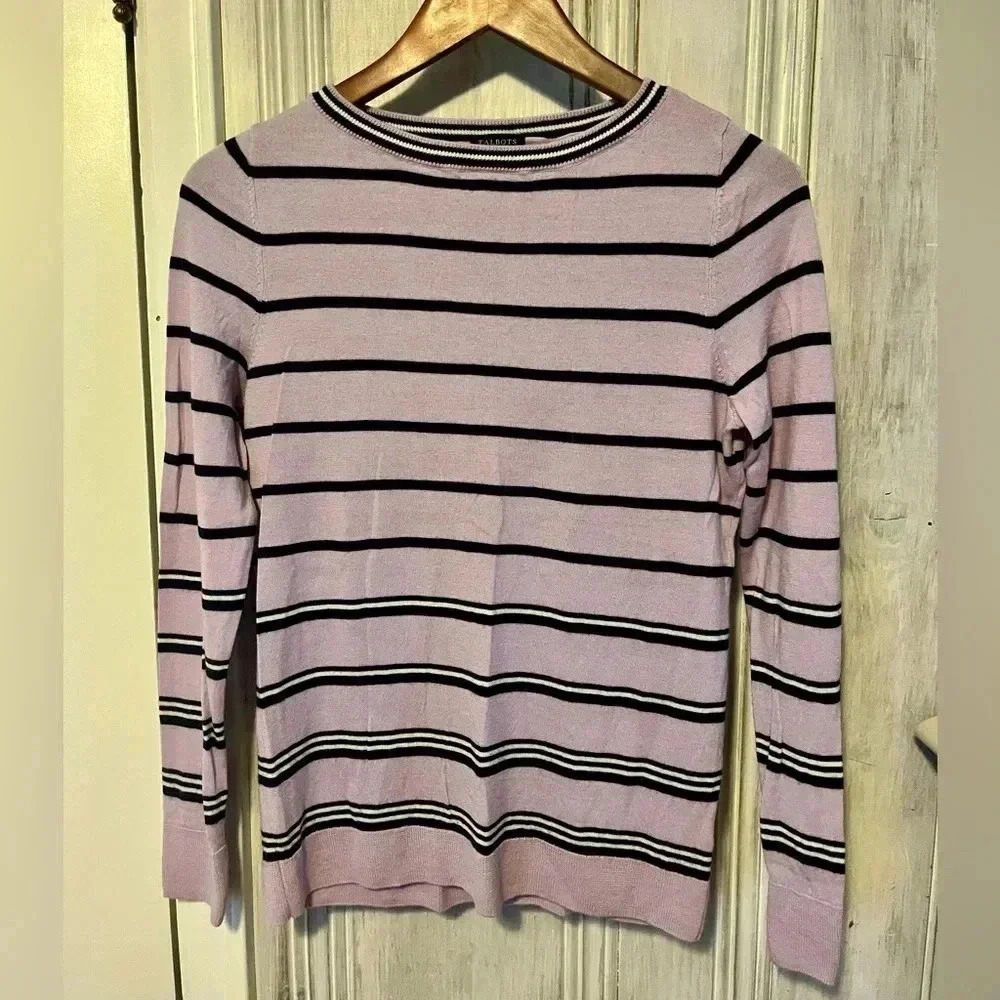 Talbots Merino Wool Striped PASTEL Purple Navy crew neck Sweater M preppy spring